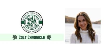 A woman in a white turtleneck sweater with brown hair just past her right shoulder, next to logos for Colt Chronicle and Kinnelon High School