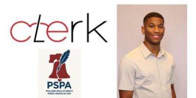 Logos for The Clerk (Haverford Student Newspaper) and PSPA (a liberty bell with a feather through it- this is for the Philadelphia Student Press Association) alongside an image of a Black man in a white collared shirt