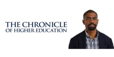 A Black man wearing a plaid shirt and black sports jacket next to the logo for The Chronicle of Higher Education