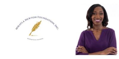 Logo for The Mikayla Newton Foundation (a feather pen) next to a Black woman wearing a purple top.