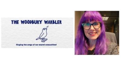 A woman with purple hair and glasses. The hair goes to her shoulders. She's next to a logo for the Woodbury Warbler, which is a bird, looking up and to the right.